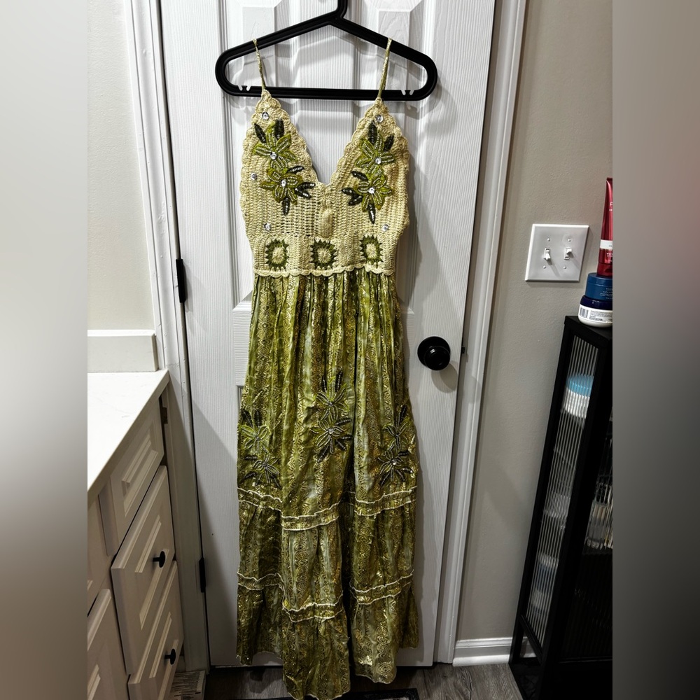 NEW Green Metallic Crochet Maxi Strap Maxi Dress